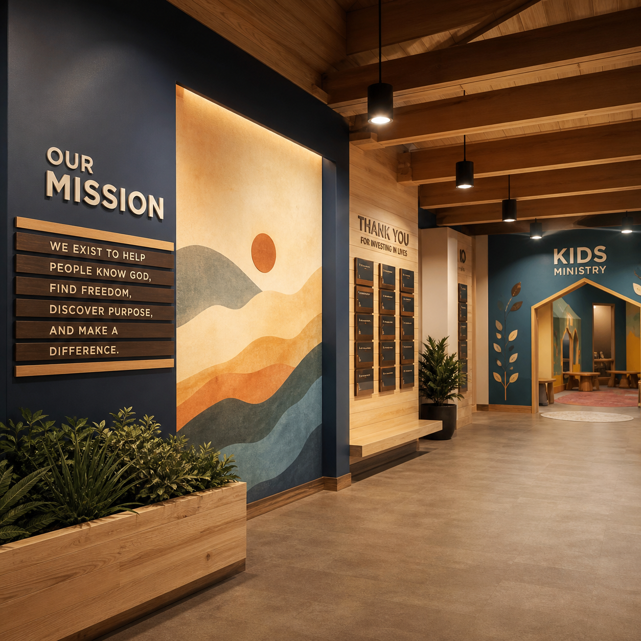 Church mission wall, donor recognition, mural, and children’s ministry environment