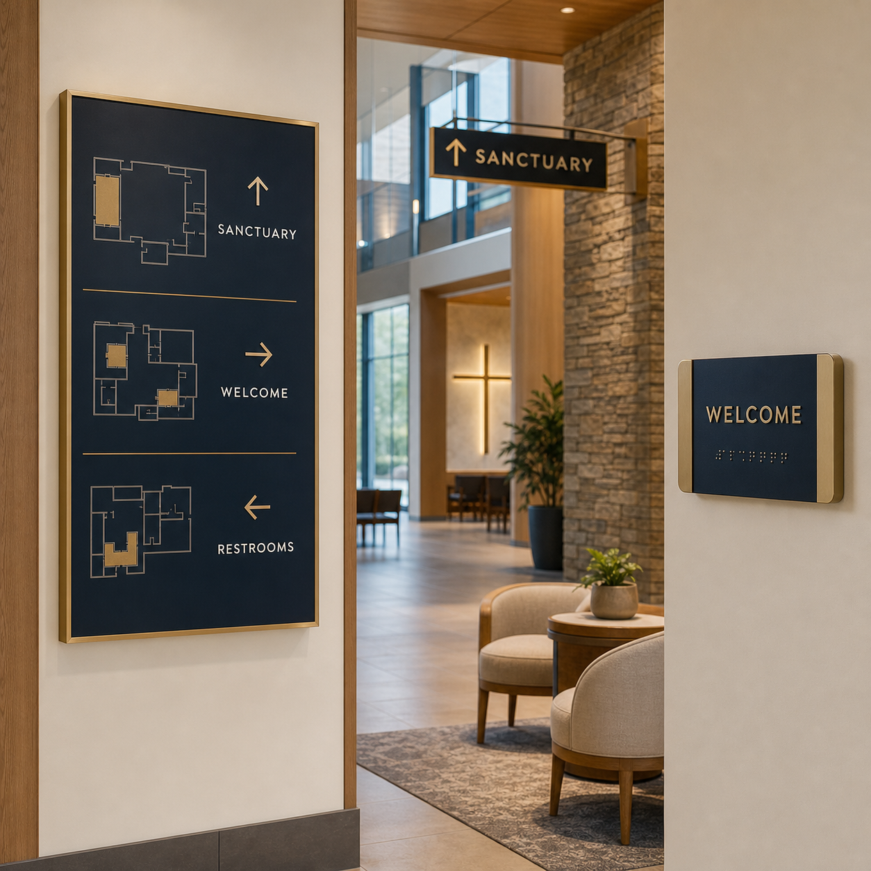 Church lobby directory, sanctuary wayfinding, and tactile room signage