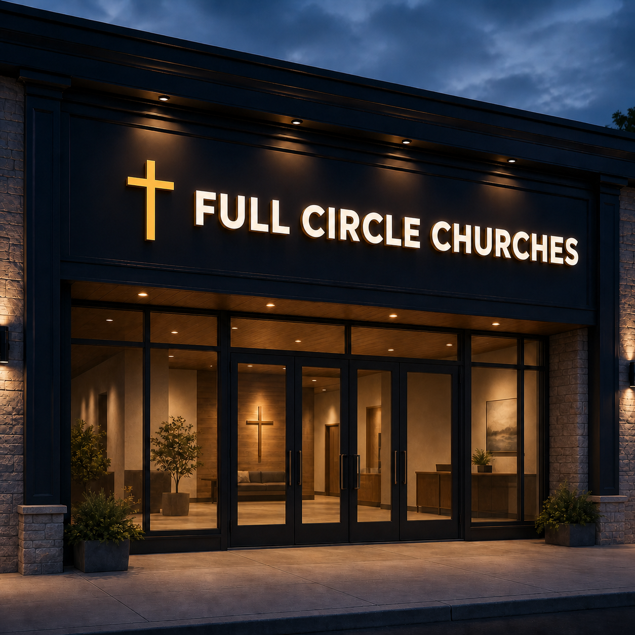 Full Circle Churches illuminated letters at a church entrance