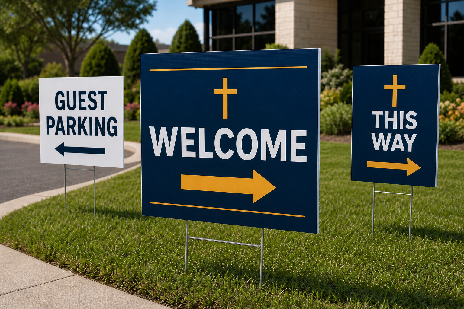 Centered welcome, guest parking, and directional yard signs on a church campus