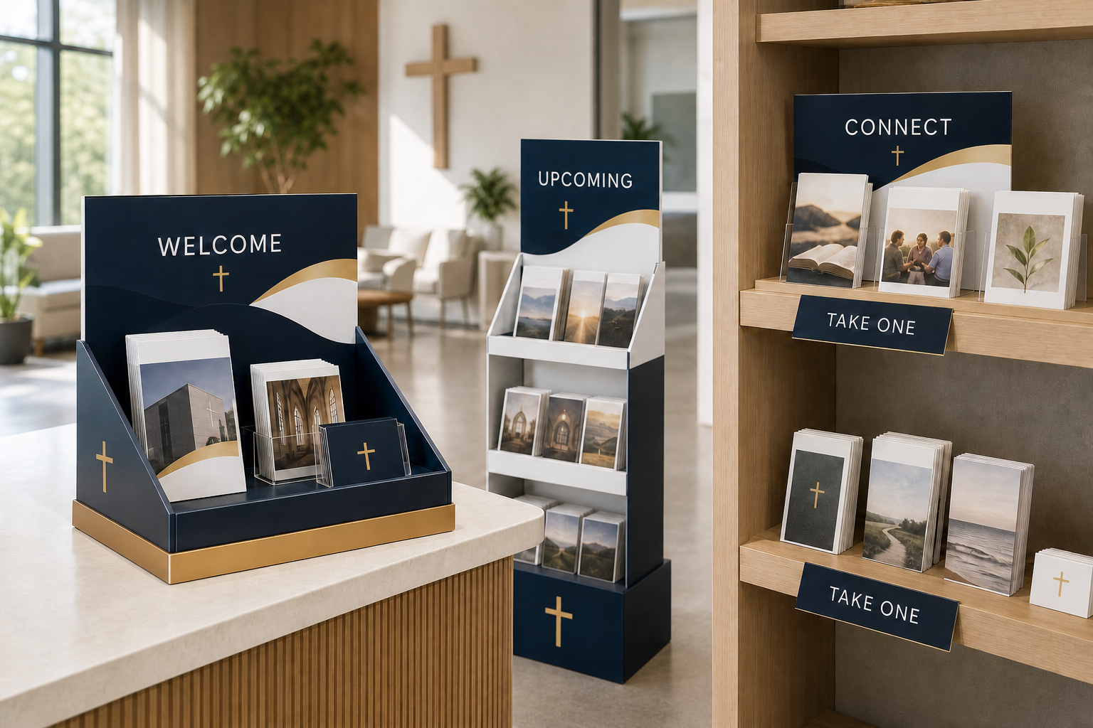 Church lobby welcome, upcoming, and connect displays